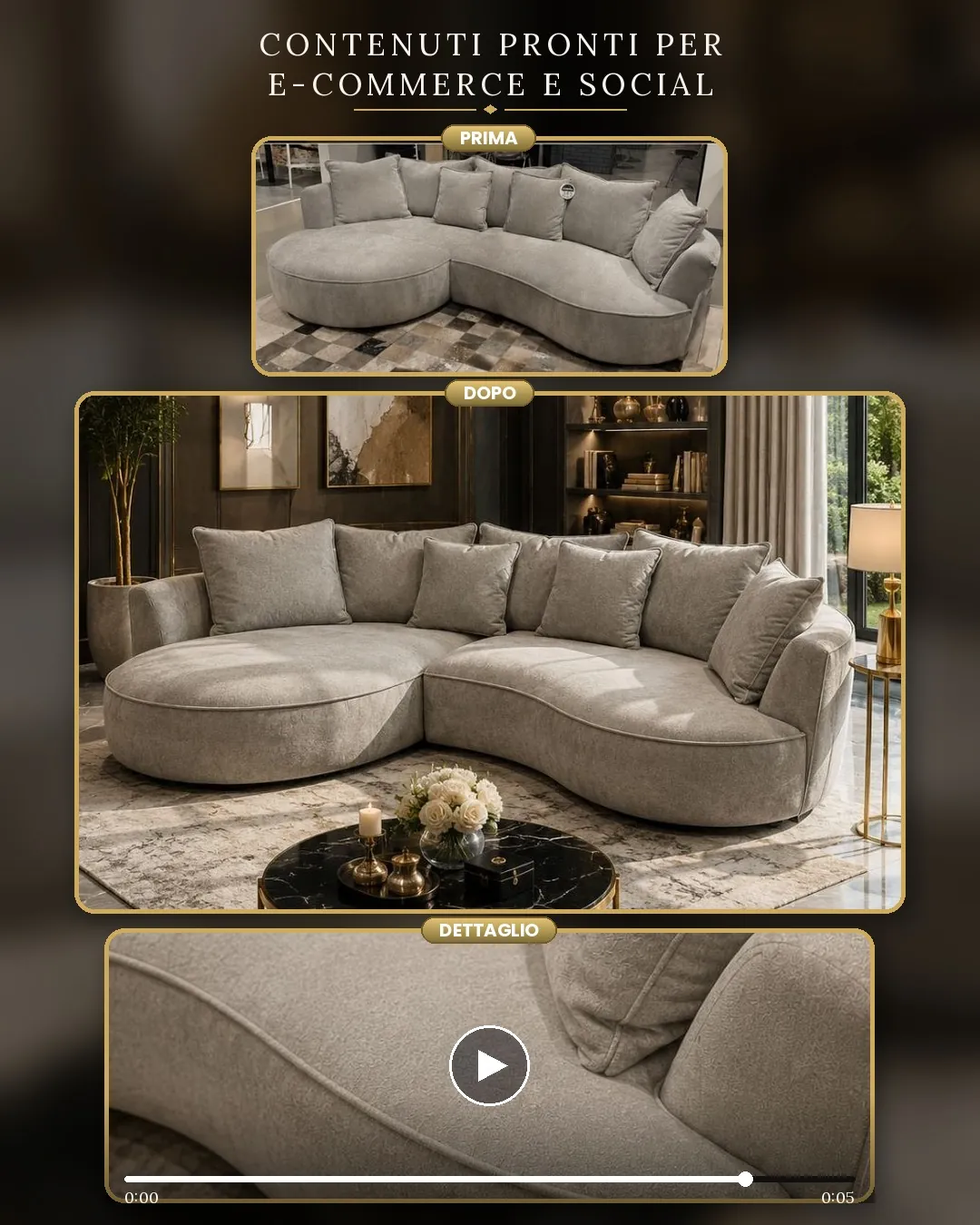 Divano ambientato in salotto luminoso con complementi d'arredo
