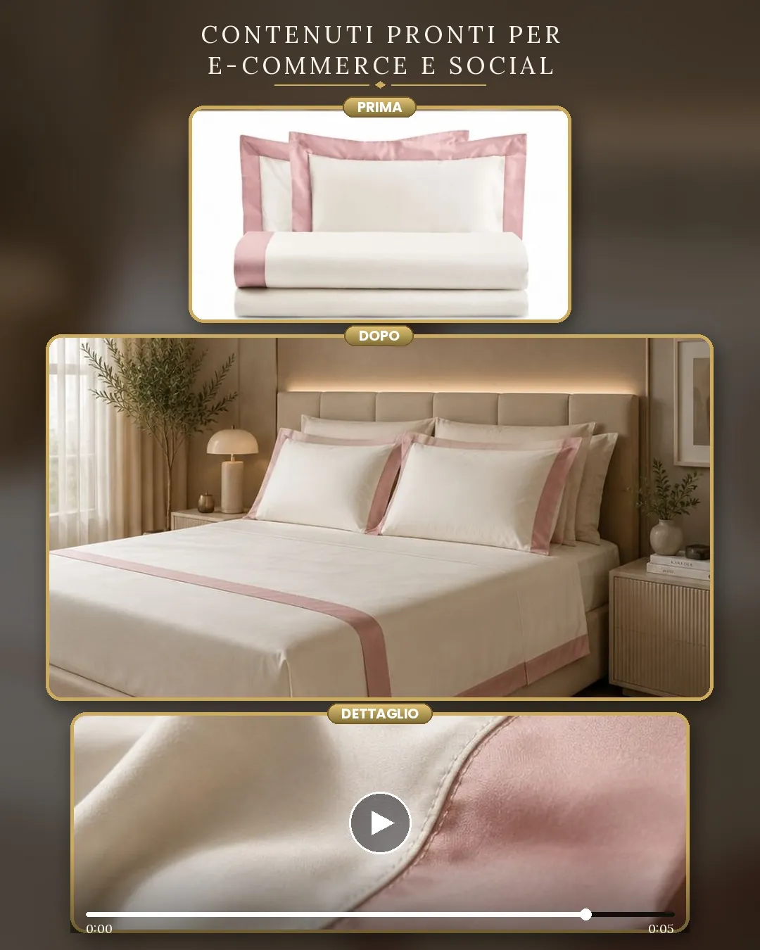 Set di lenzuola in tessuto su letto matrimoniale