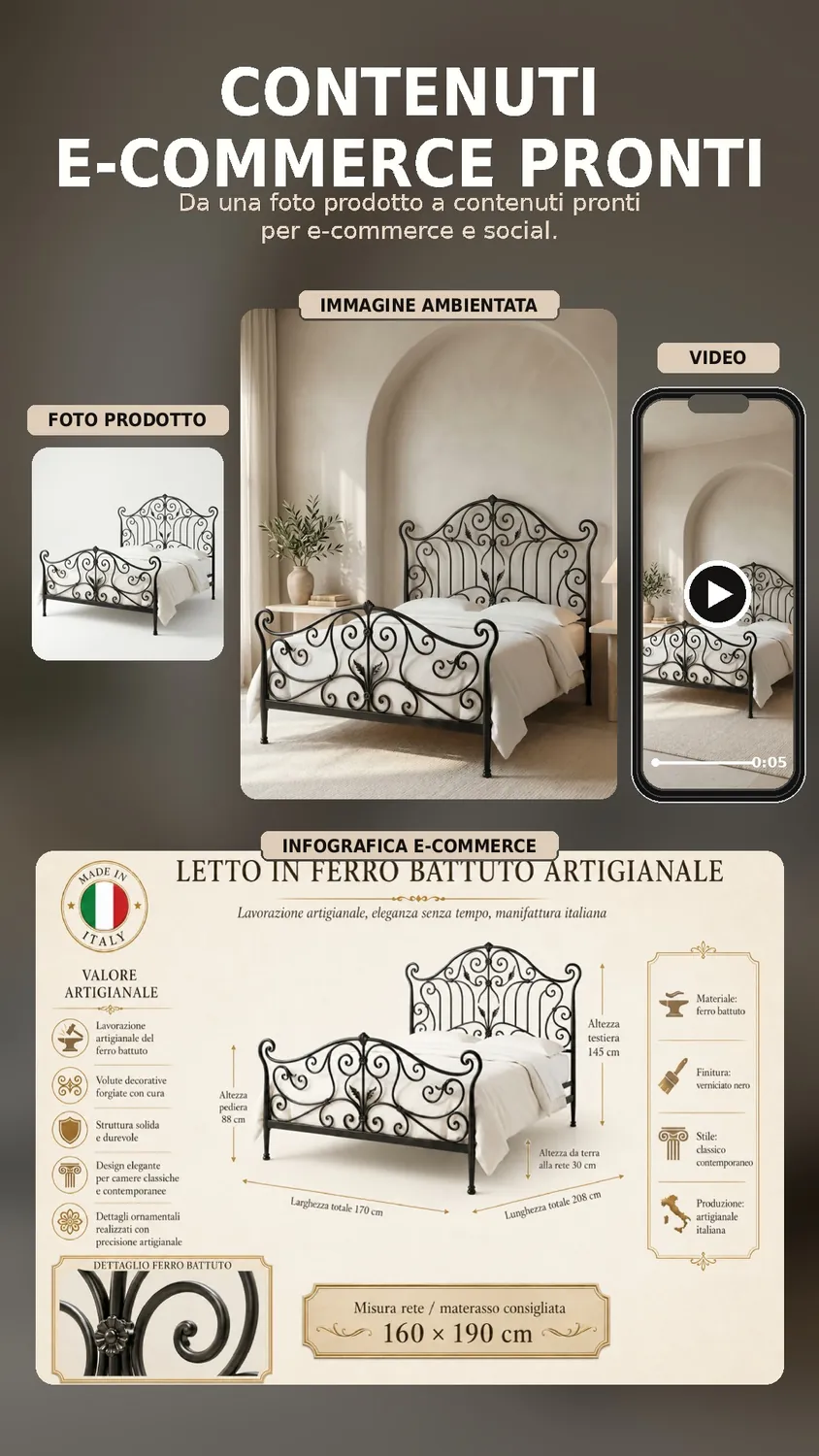 Infografica del letto in ferro battuto con dettagli e misure
