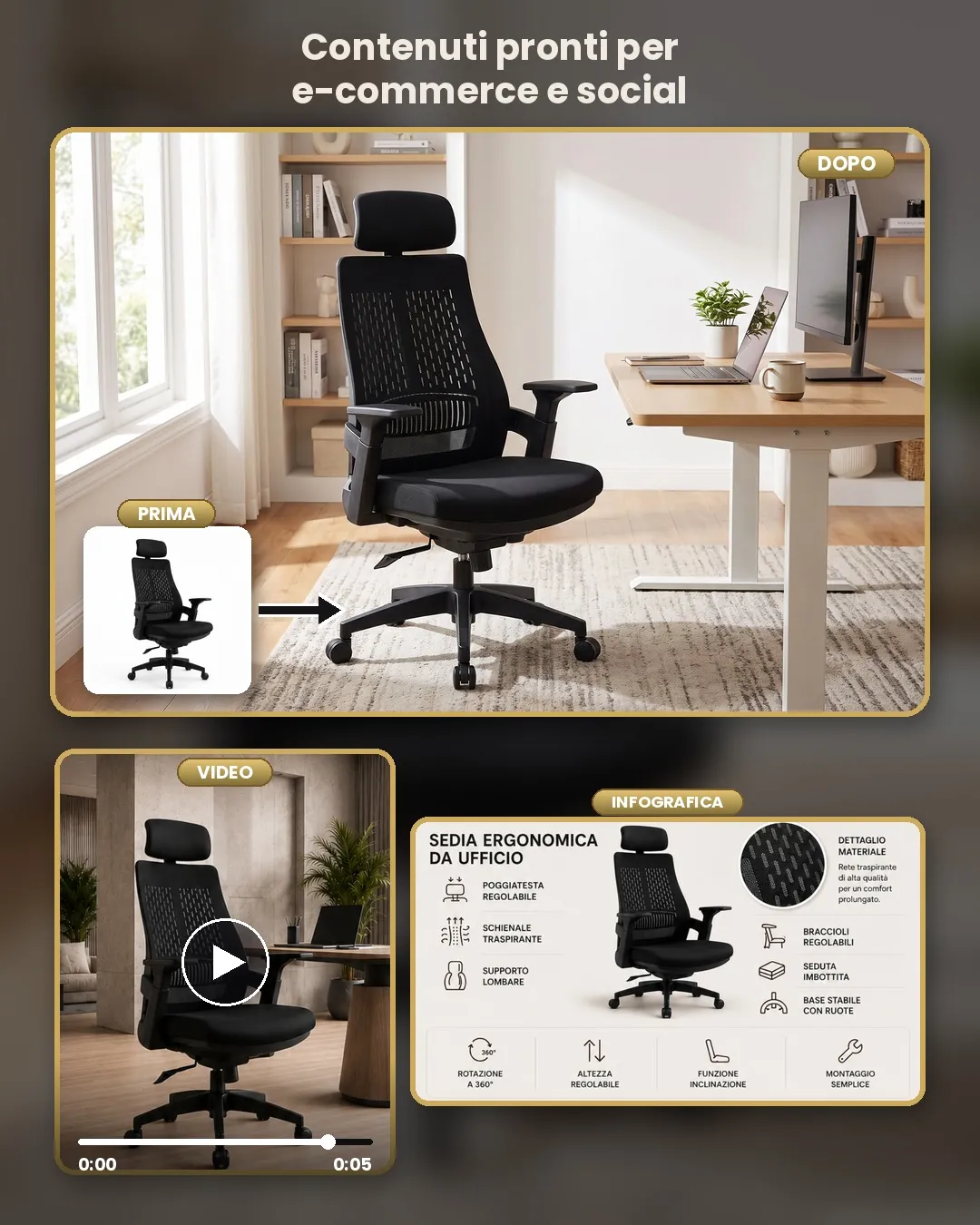 Infografica della sedia da ufficio con caratteristiche ergonomiche