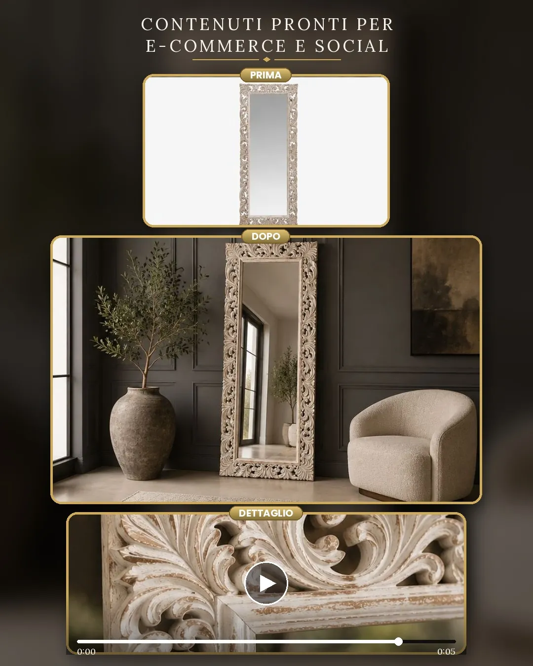 Specchio con cornice intagliata in ambiente elegante