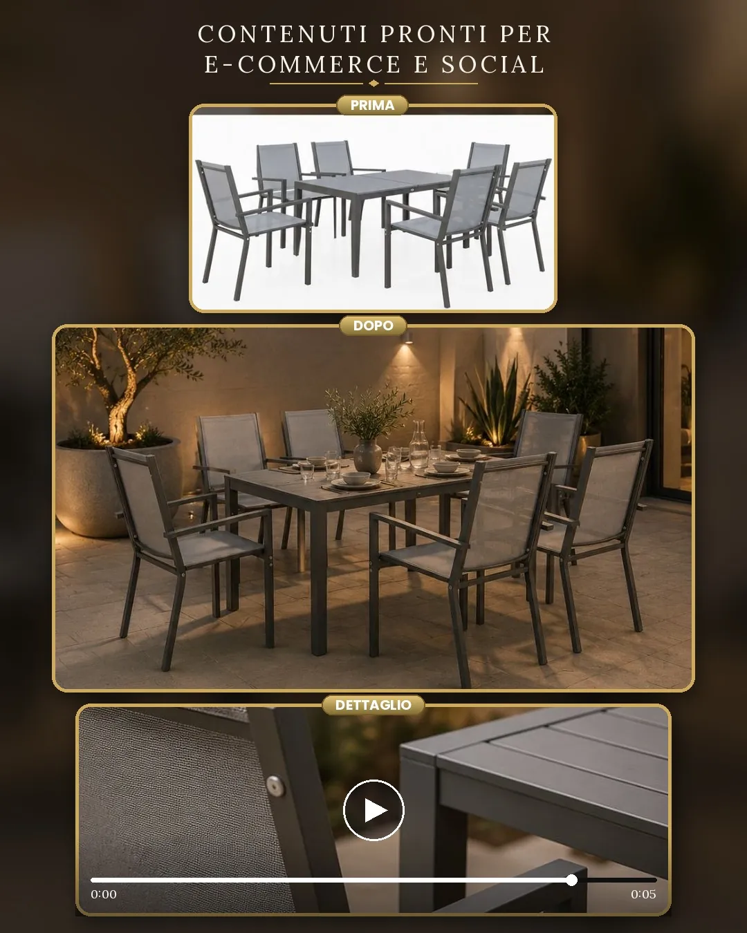 Tavolo da esterno con sedute in ambientazione da giardino